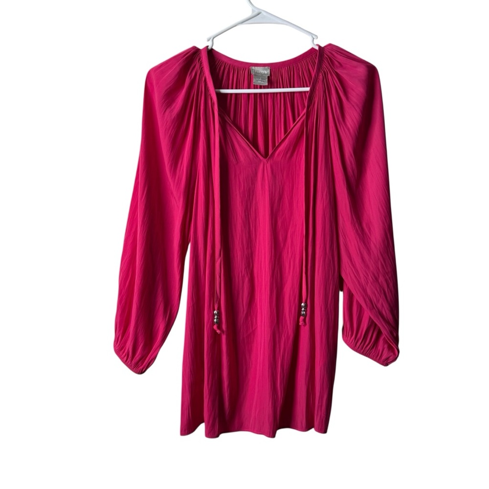 Chicos Pink Satin Tie Neck 3/4 Sleeve Popover Blouse 1